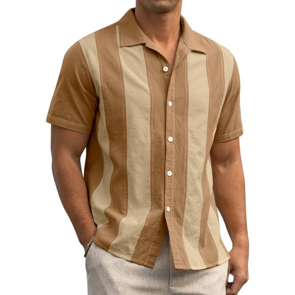 Men's Linen Shirt Short Sleeve Vintage Shirt Summer Casual Button Down - Picture 2 of 6